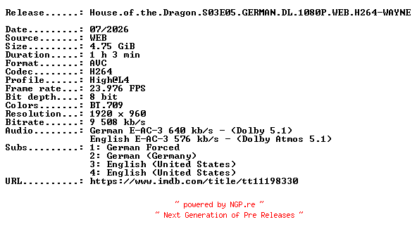 NFO for the release House.of.the.Dragon.S03E05.GERMAN.DL.1080P.WEB.H264-WAYNE by WAYNE