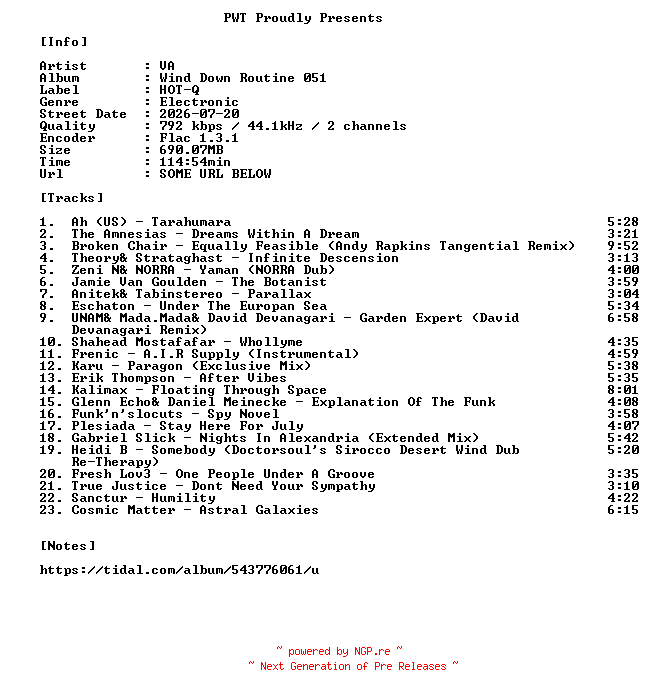 NFO for the release VA-Wind_Down_Routine_051-16BIT-WEB-FLAC-2026-PWT by PWT