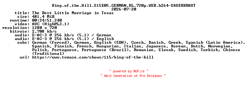 NFO for the release King.of.the.Hill.S15E05.GERMAN.DL.720p.WEB.h264-SAUERKRAUT by SAUERKRAUT