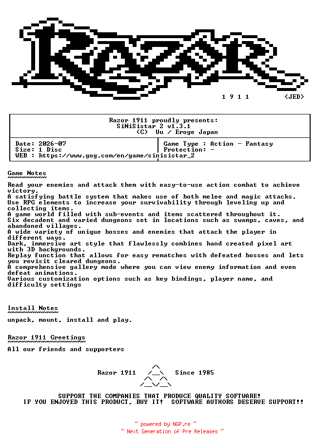 NFO for the release SiNiSistar_2_v1.3.1-Razor1911 by Razor1911