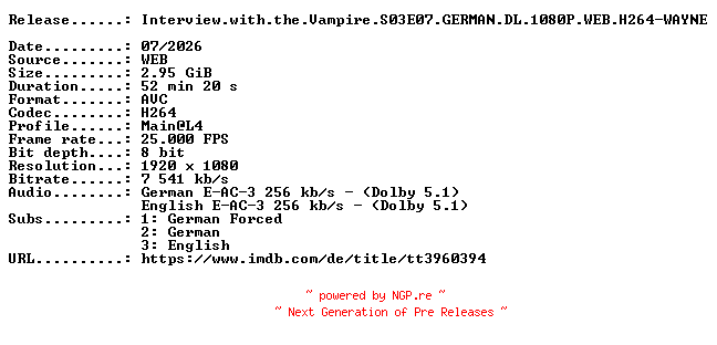 NFO for the release Interview.with.the.Vampire.S03E07.GERMAN.DL.1080P.WEB.H264-WAYNE by WAYNE