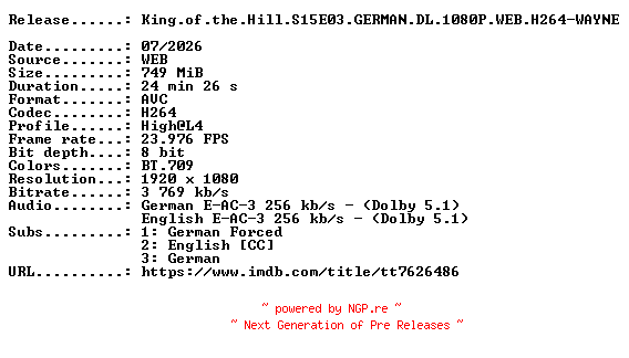 NFO for the release King.of.the.Hill.S15E03.GERMAN.DL.1080P.WEB.H264-WAYNE by WAYNE