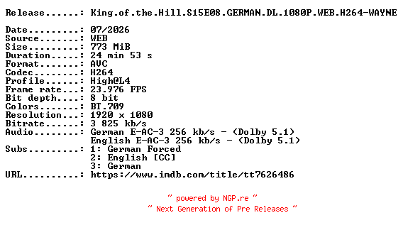 NFO for the release King.of.the.Hill.S15E08.GERMAN.DL.1080P.WEB.H264-WAYNE by WAYNE