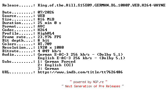 NFO for the release King.of.the.Hill.S15E09.GERMAN.DL.1080P.WEB.H264-WAYNE by WAYNE
