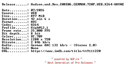 NFO for the release Hudson.und.Rex.S08E06.GERMAN.720P.WEB.X264-WAYNE by WAYNE
