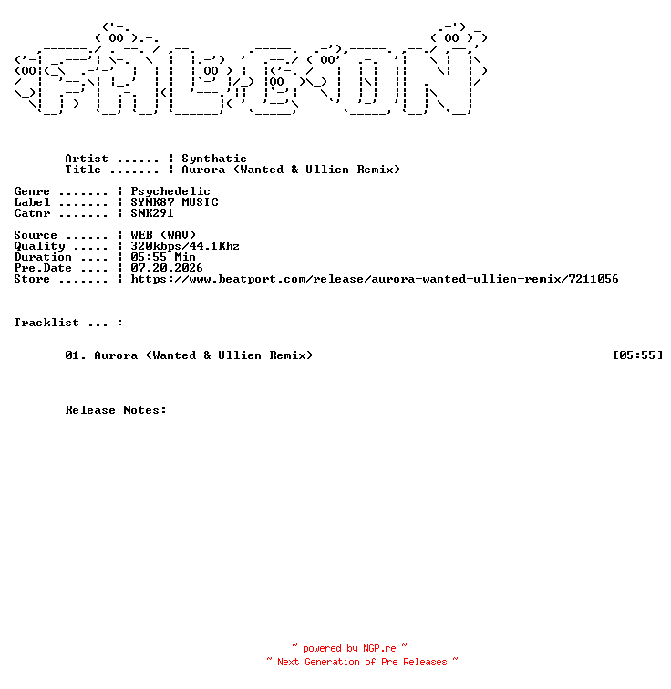 NFO for the release Synthatic-Aurora_Wanted_And_Ullien_Remix-(SNK291)-SINGLE-WEB-2026-FALCON by FALCON