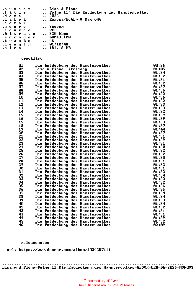 NFO for the release Lisa_und_Fiona-Folge_11_Die_Entdeckung_des_Hamstervolkes-ABOOK-WEB-DE-2026-MONGOS by MONGOS