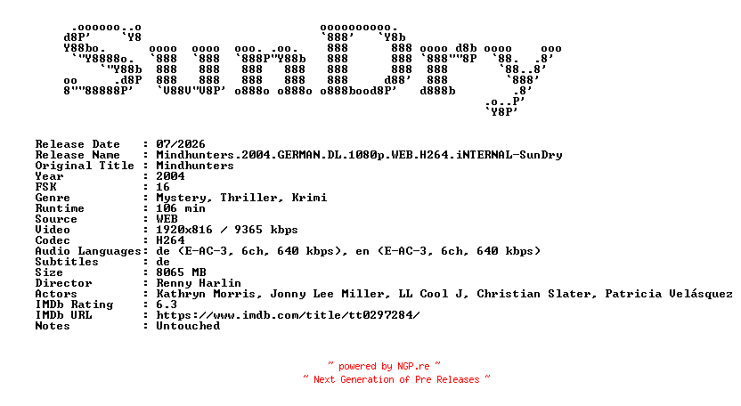 NFO for the release Mindhunters.2004.GERMAN.DL.1080p.WEB.H264.iNTERNAL-SunDry by SunDry