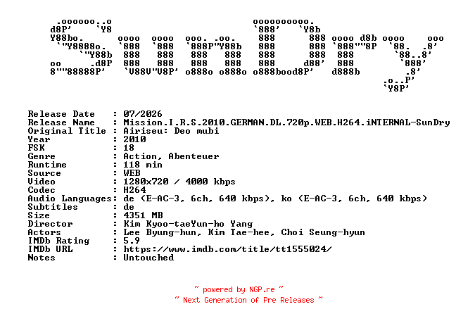 NFO for the release Mission.I.R.S.2010.GERMAN.DL.720p.WEB.H264.iNTERNAL-SunDry by SunDry
