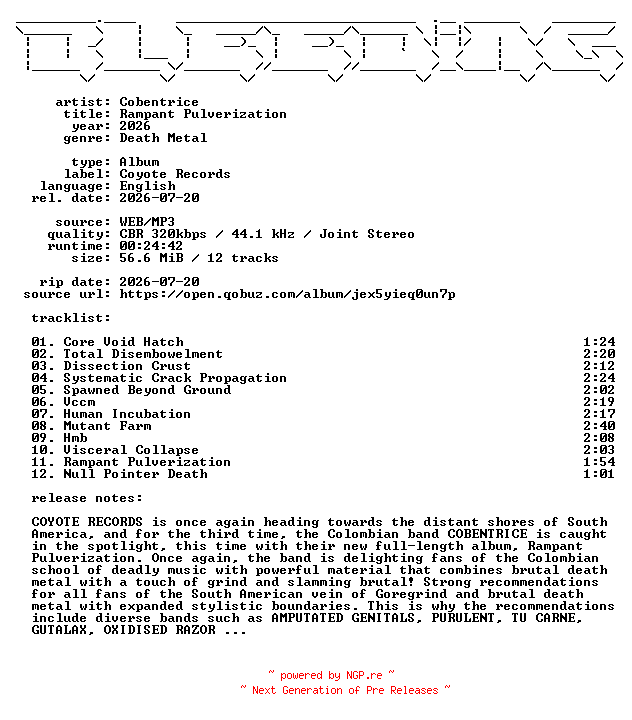 NFO for the release Cobentrice-Rampant_Pulverization-WEB-2026-BLEEDiNG by BLEEDiNG