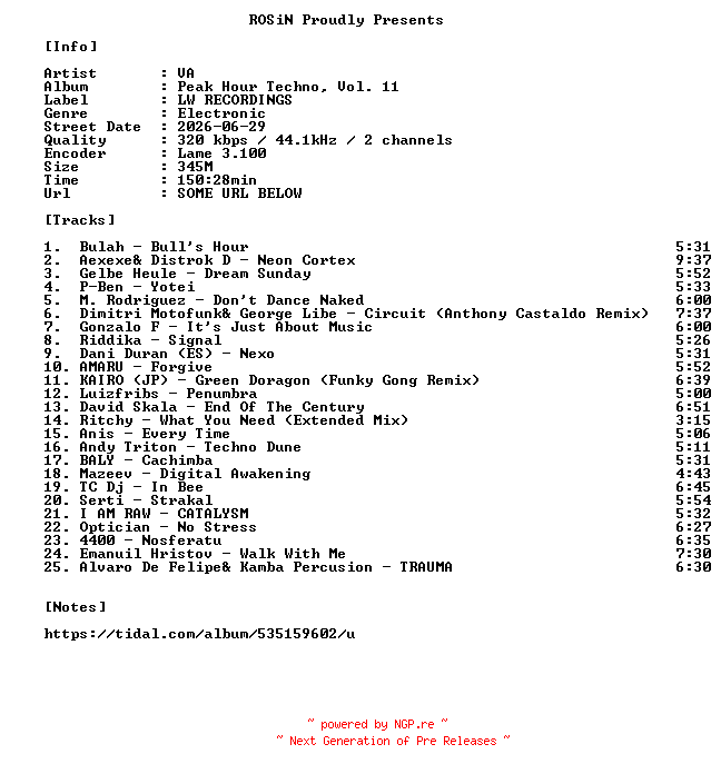 NFO for the release VA-Peak_Hour_Techno_Vol._11-WEB-2026-ROSiN by ROSiN