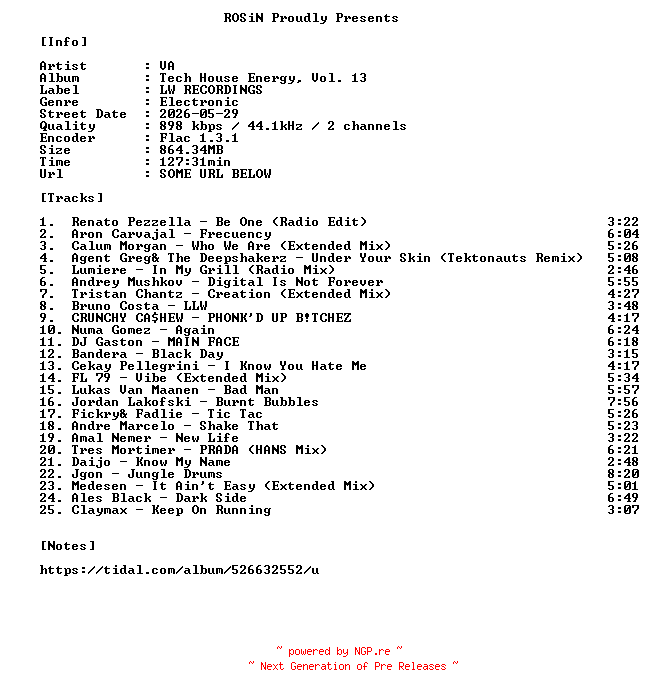 NFO for the release VA-Tech_House_Energy_Vol._13-16BIT-WEB-FLAC-2026-ROSiN by ROSiN