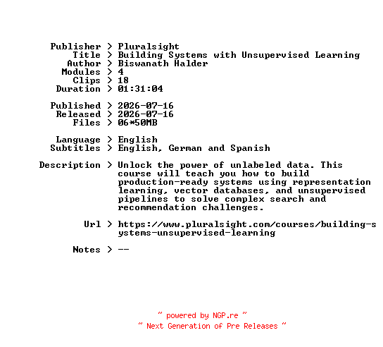 NFO for the release Pluralsight.Building.Systems.with.Unsupervised.Learning.2026.BOOKWARE-GETH by GETH