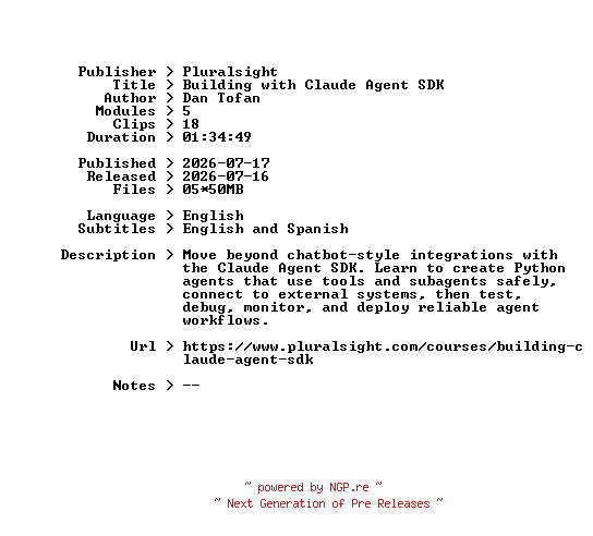 NFO for the release Pluralsight.Building.with.Claude.Agent.SDK.2026.BOOKWARE-GETH by GETH