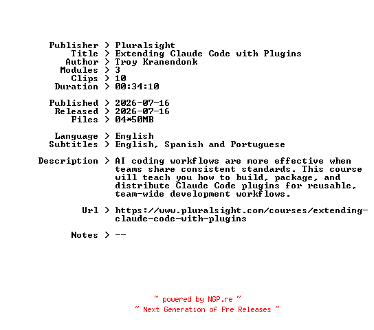 NFO for the release Pluralsight.Extending.Claude.Code.with.Plugins.2026.BOOKWARE-GETH by GETH