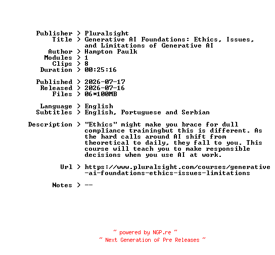 NFO for the release Pluralsight.Generative.AI.Foundations.Ethics.Issues.and.Limitations.of.Generative.AI.2026.BOOKWARE-GETH by GETH