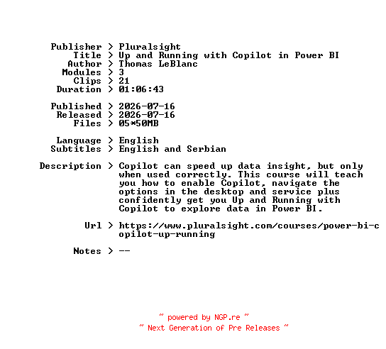 NFO for the release Pluralsight.Up.and.Running.with.Copilot.in.Power.BI.2026.BOOKWARE-GETH by GETH