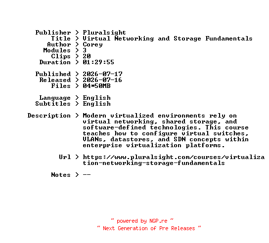NFO for the release Pluralsight.Virtual.Networking.and.Storage.Fundamentals.2026.BOOKWARE-GETH by GETH