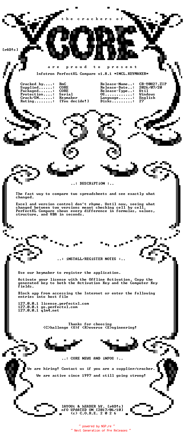 NFO for the release Infotron.PerfectXL.Compare.v1.8.1.x64.Incl.Keymaker-CORE by CORE