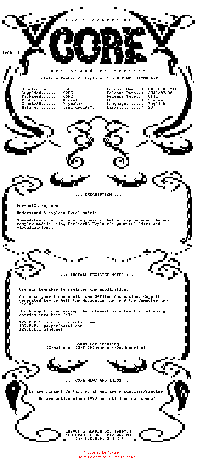 NFO for the release Infotron.PerfectXL.Explore.v1.6.4.x64.Incl.Keymaker-CORE by CORE