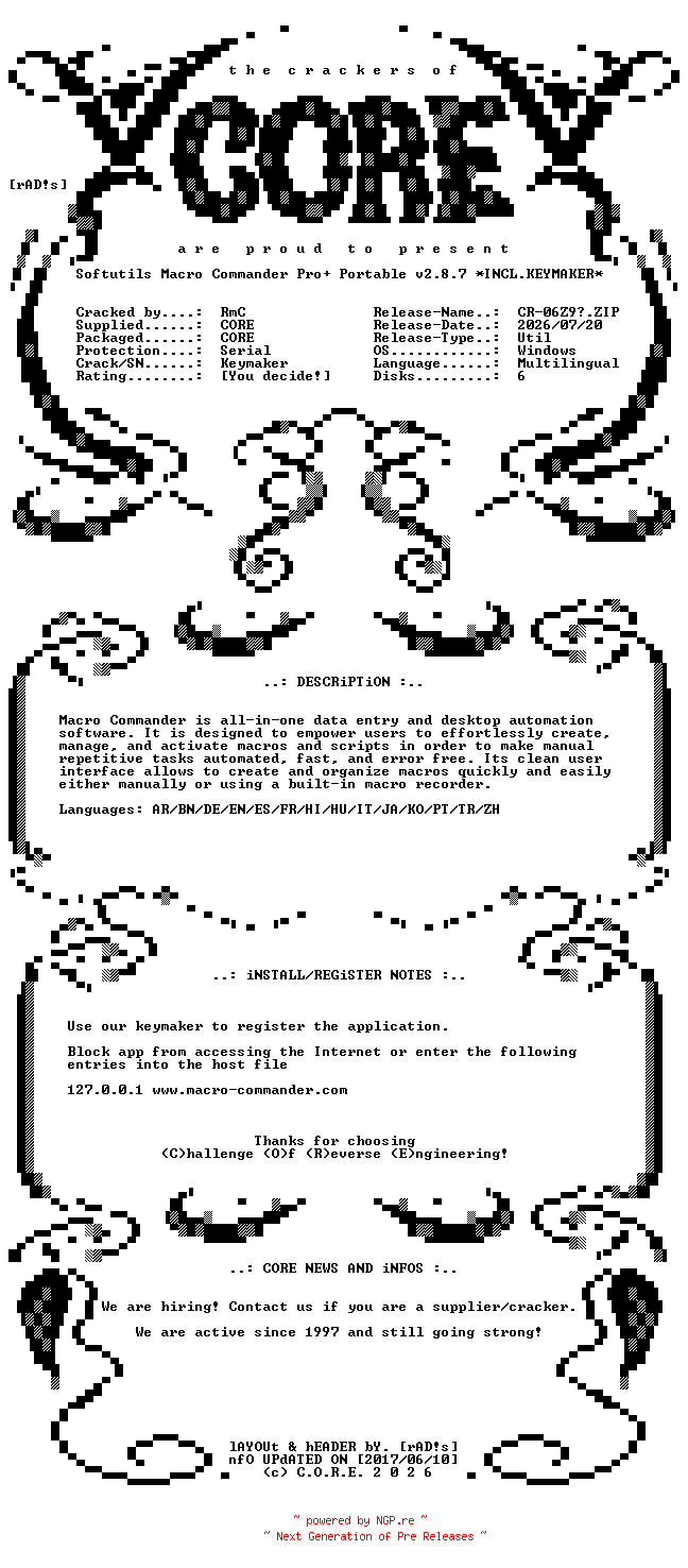 NFO for the release Softutils.Macro.Commander.ProPlus.Portable.v2.8.7.Multilingual.Incl.Keymaker-CORE by CORE