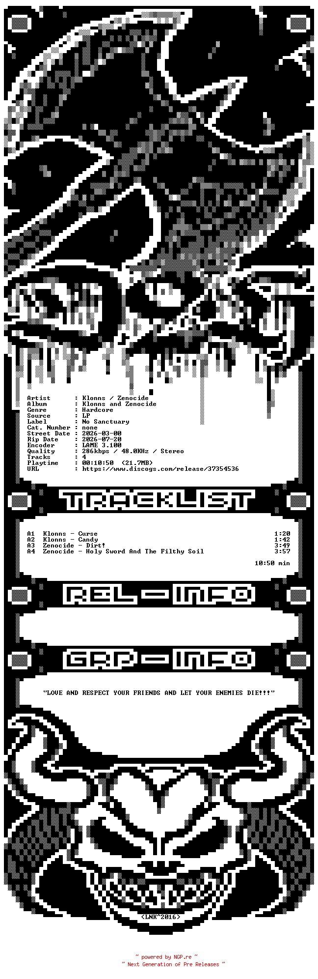 NFO for the release Klonns_And_Zenocide-Klonns_And_Zenocide-SPLIT-LP-2026-D2H by D2H