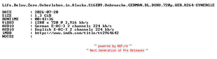 NFO for the release Life.Below.Zero.Ueberleben.in.Alaska.S16E09.Umbrueche.GERMAN.DL.DOKU.720p.WEB.H264-SYNERGiE by SYNERGiE