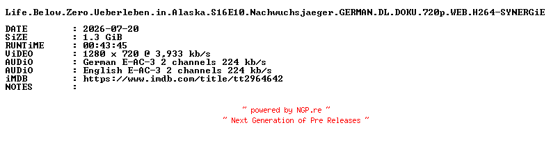 NFO for the release Life.Below.Zero.Ueberleben.in.Alaska.S16E10.Nachwuchsjaeger.GERMAN.DL.DOKU.720p.WEB.H264-SYNERGiE by SYNERGiE