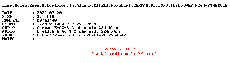 NFO for the release Life.Below.Zero.Ueberleben.in.Alaska.S16E11.Herzblut.GERMAN.DL.DOKU.1080p.WEB.H264-SYNERGiE by SYNERGiE