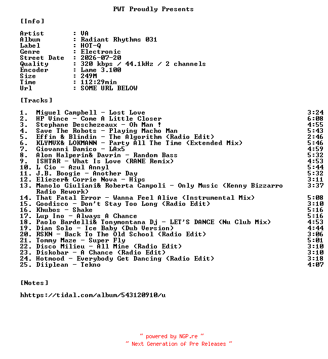 NFO for the release VA-Radiant_Rhythms_031-WEB-2026-PWT by PWT
