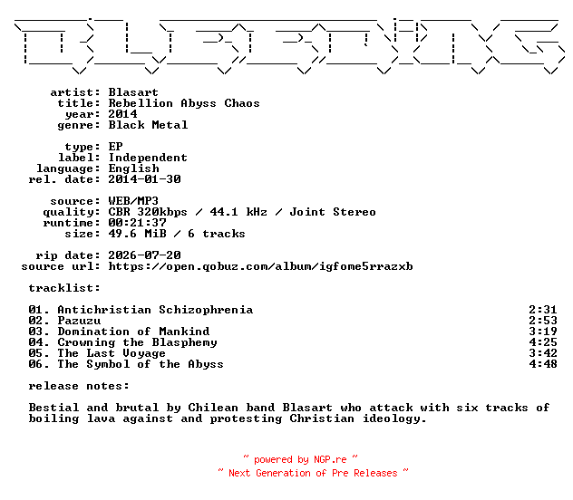 NFO for the release Blasart-Rebellion_Abyss_Chaos-EP-WEB-2014-BLEEDiNG by BLEEDiNG
