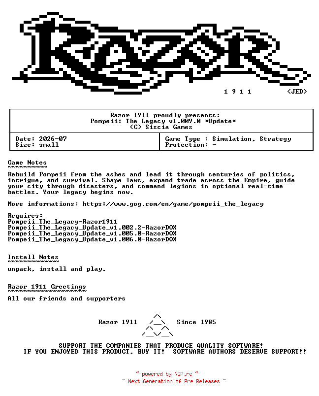 NFO for the release Pompeii_The_Legacy_Update_v1.009.0-RazorDOX by RazorDOX