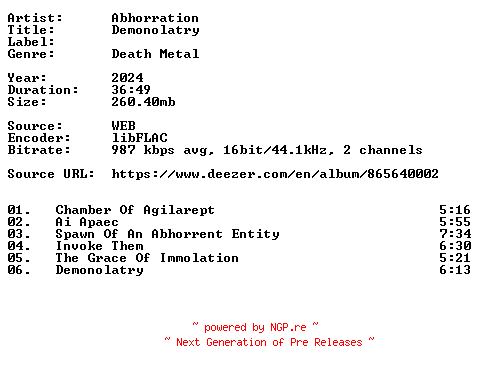 NFO for the release Abhorration-Demonolatry-16BIT-WEB-FLAC-2024-VEXED by VEXED