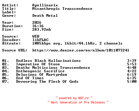 NFO for the release Apollinarix-Misanthropic_Transcendence-16BIT-WEB-FLAC-2026-VEXED by VEXED