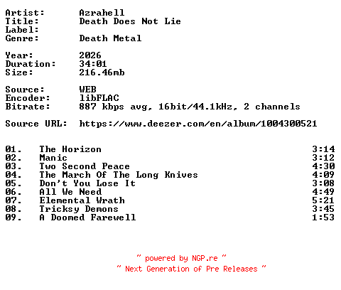NFO for the release Azrahell-Death_Does_Not_Lie-16BIT-WEB-FLAC-2026-VEXED by VEXED