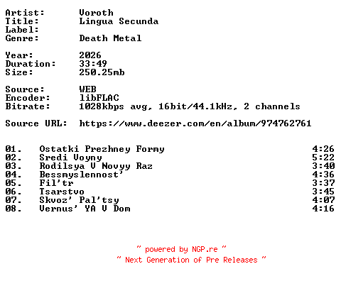 NFO for the release Voroth-Lingua_Secunda-RU-16BIT-WEB-FLAC-2026-VEXED by VEXED