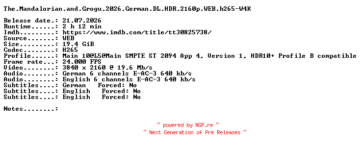 NFO for the release The.Mandalorian.and.Grogu.2026.German.DL.HDR.2160p.WEB.h265-W4K by W4K