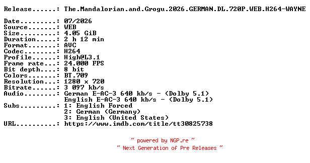NFO for the release The.Mandalorian.and.Grogu.2026.GERMAN.DL.720P.WEB.H264-WAYNE by WAYNE
