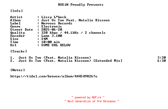 NFO for the release Lissy_Lbeck-Just_Us_Two_feat._Natalia_Kissoon-WEB-2025-ROSiN by ROSiN