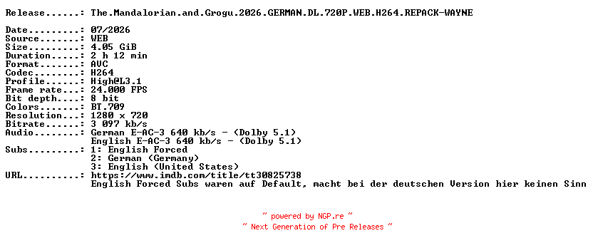 NFO for the release The.Mandalorian.and.Grogu.2026.GERMAN.DL.720P.WEB.H264.REPACK-WAYNE by WAYNE