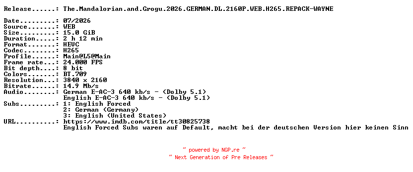 NFO for the release The.Mandalorian.and.Grogu.2026.GERMAN.DL.2160P.WEB.H265.REPACK-WAYNE by WAYNE