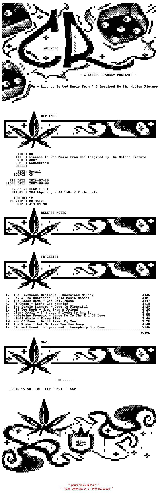 NFO for the release VA-License_To_Wed_Music_From_And_Inspired_By_The_Motion_Picture-OST-CD-FLAC-2007-CALiFLAC by CALiFLAC