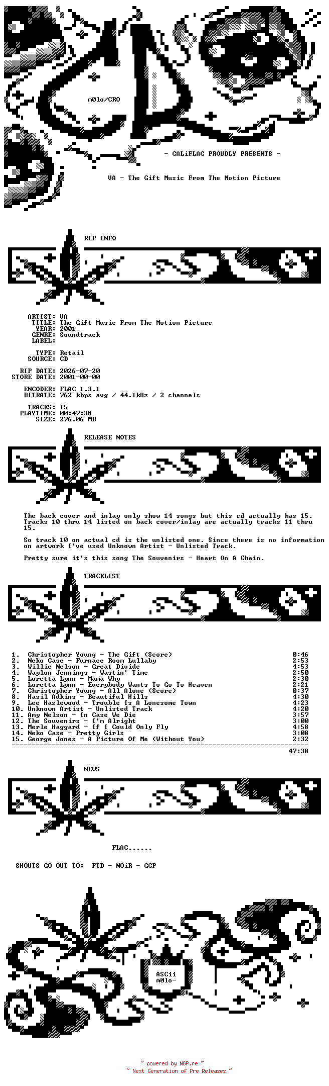 NFO for the release VA-The_Gift_Music_From_The_Motion_Picture-OST-CD-FLAC-2001-CALiFLAC by CALiFLAC
