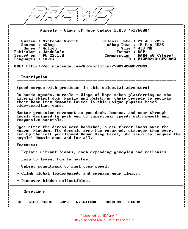 NFO for the release Aureole_Wings_of_Hope_Update_v1.0.3_NSW-BREWS by BREWS