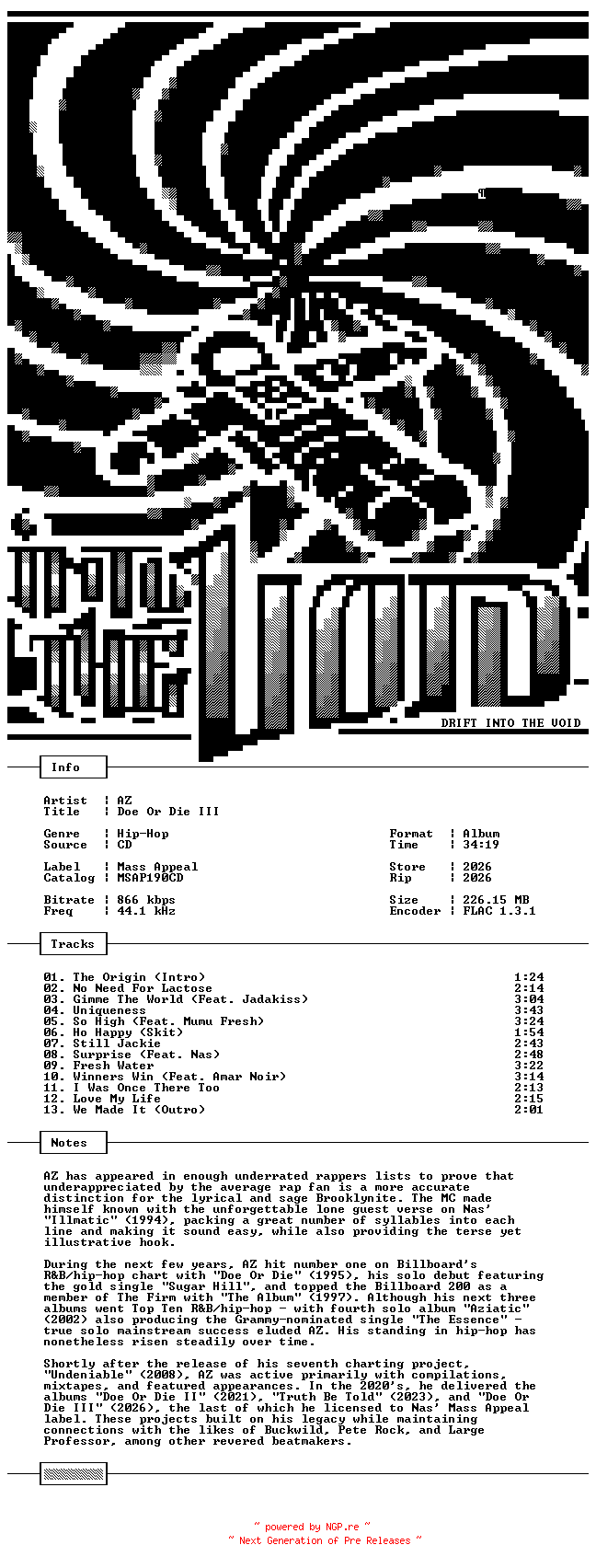 NFO for the release AZ-Doe_Or_Die_III-CD-FLAC-2026-THEVOiD by THEVOiD