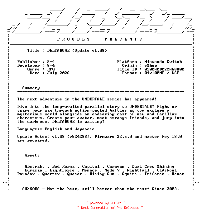 NFO for the release DELTARUNE_Update_v1.08_NSW-SUXXORS by SUXXORS
