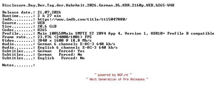 NFO for the release Disclosure.Day.Der.Tag.der.Wahrheit.2026.German.DL.HDR.2160p.WEB.h265-W4K by W4K