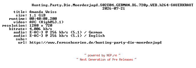 NFO for the release Hunting.Party.Die.Moerderjagd.S02E04.GERMAN.DL.720p.WEB.h264-SAUERKRAUT by SAUERKRAUT