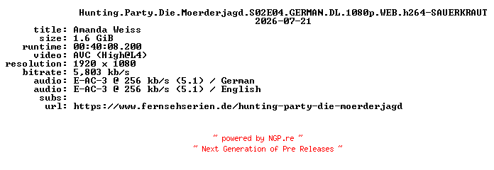 NFO for the release Hunting.Party.Die.Moerderjagd.S02E04.GERMAN.DL.1080p.WEB.h264-SAUERKRAUT by SAUERKRAUT