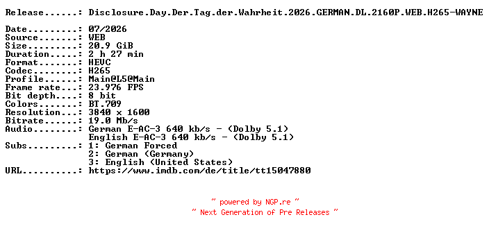 NFO for the release Disclosure.Day.Der.Tag.der.Wahrheit.2026.GERMAN.DL.2160P.WEB.H265-WAYNE by WAYNE